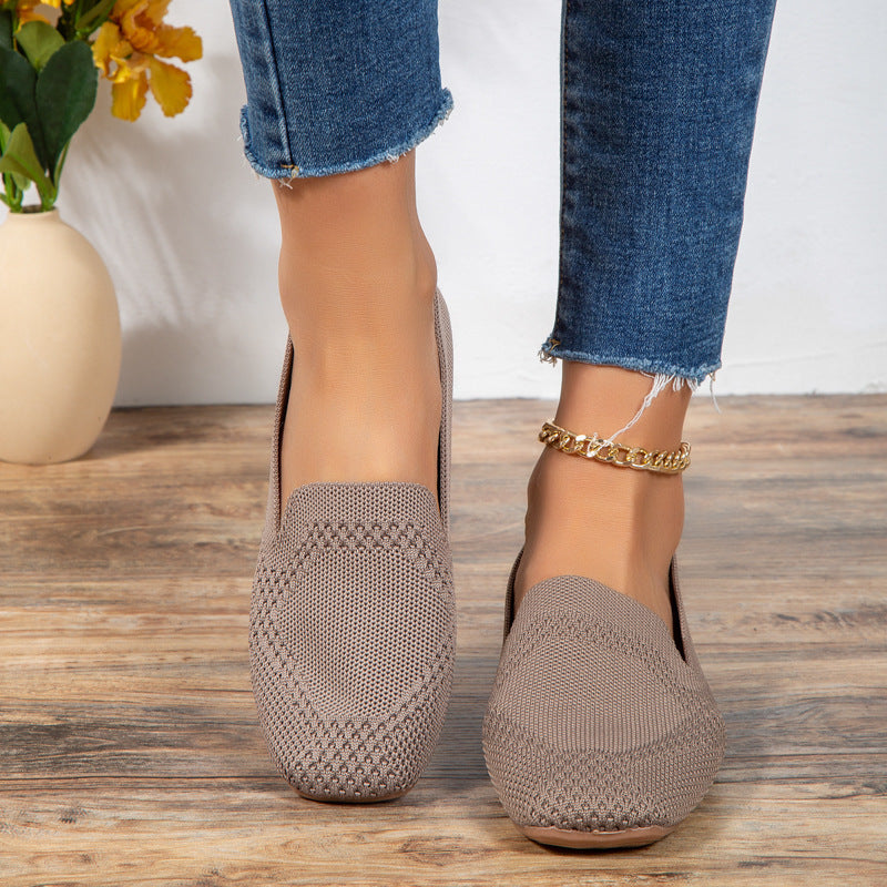Square Toe Flat Bottom Flying Woven Pumps Female Slip-on Casual Shoes