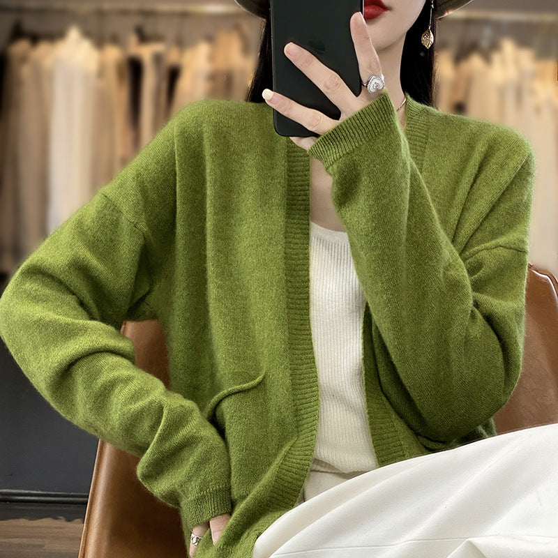 Spring And Autumn New Cardigan Solid Color And V-neck Thin Loose Slimming And All-matching Coat With Pocket