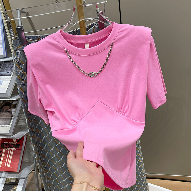 Women's Light Mature Style White Front Shoulder T-shirt