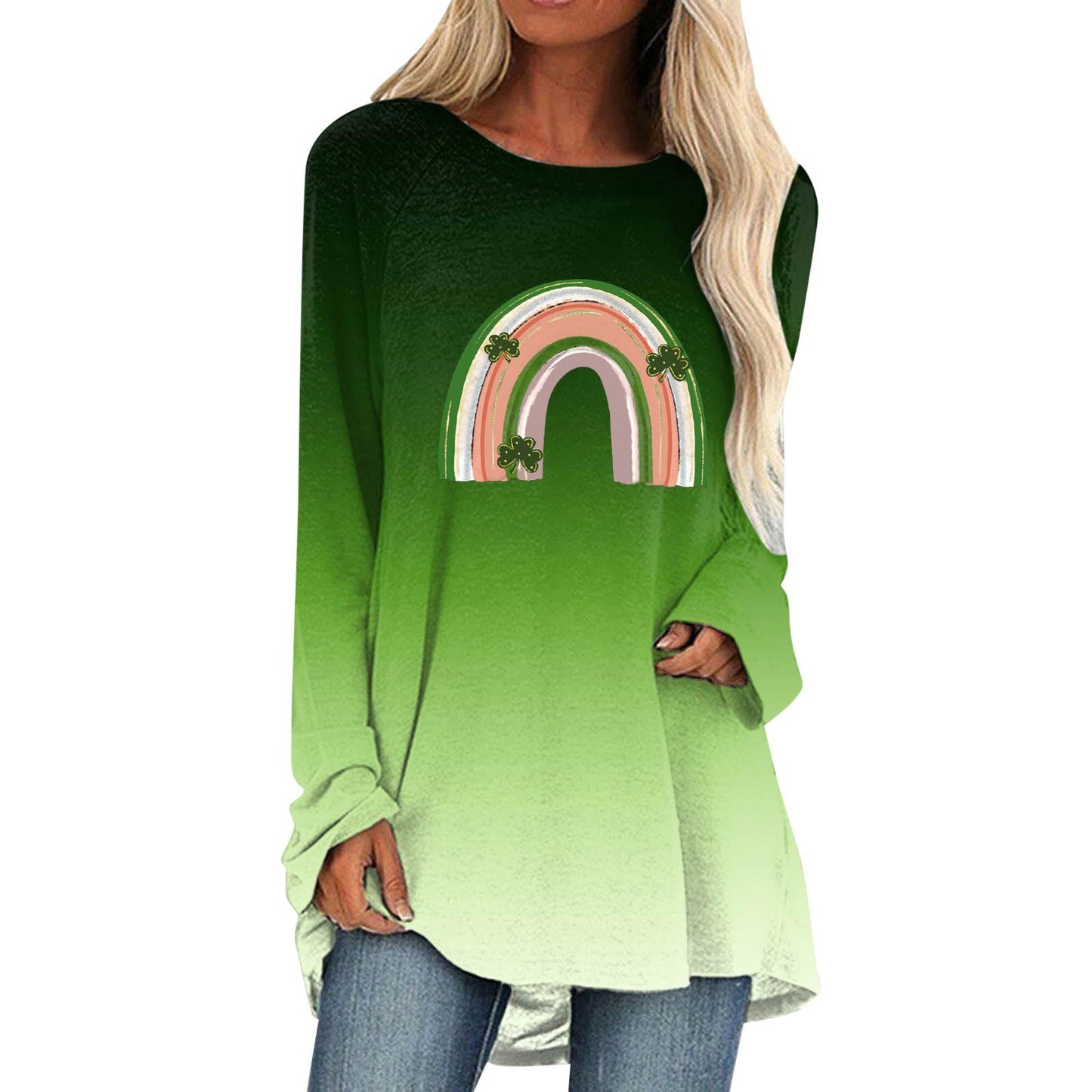 Cotton Fabric Gradient Round Neck Long Sleeved Women's Clothing