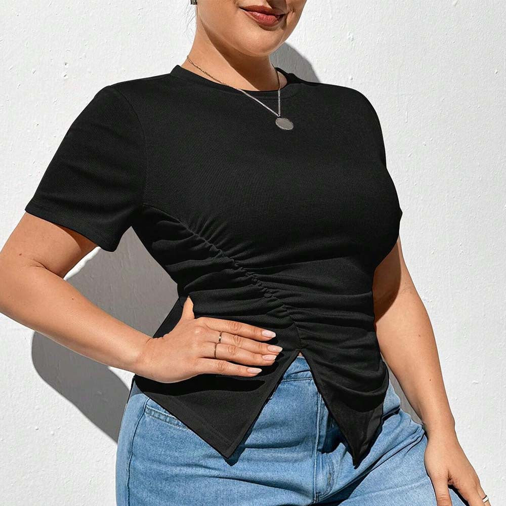 Simple Style New Round Neck Solid Color Short Sleeve Slit T-shirt