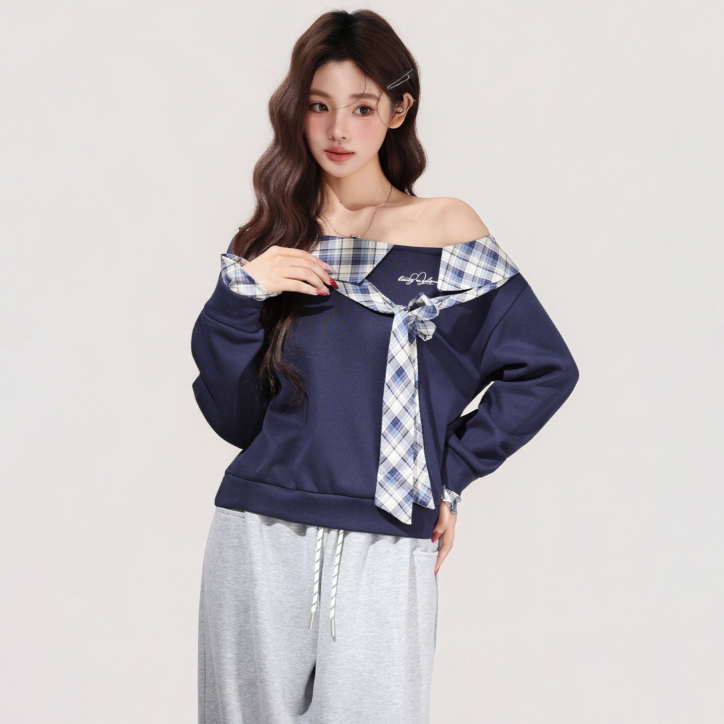 Women's Plaid Bow Off-shoulder Long-sleeve Base Shirt