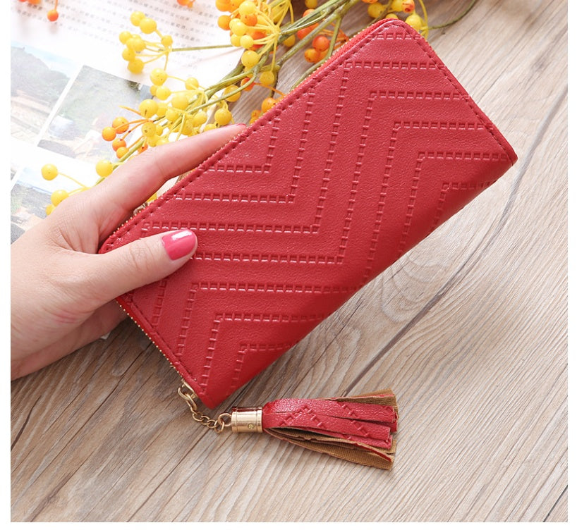 New women's wallet single pull fringed bag long zipper student bag clutch bag