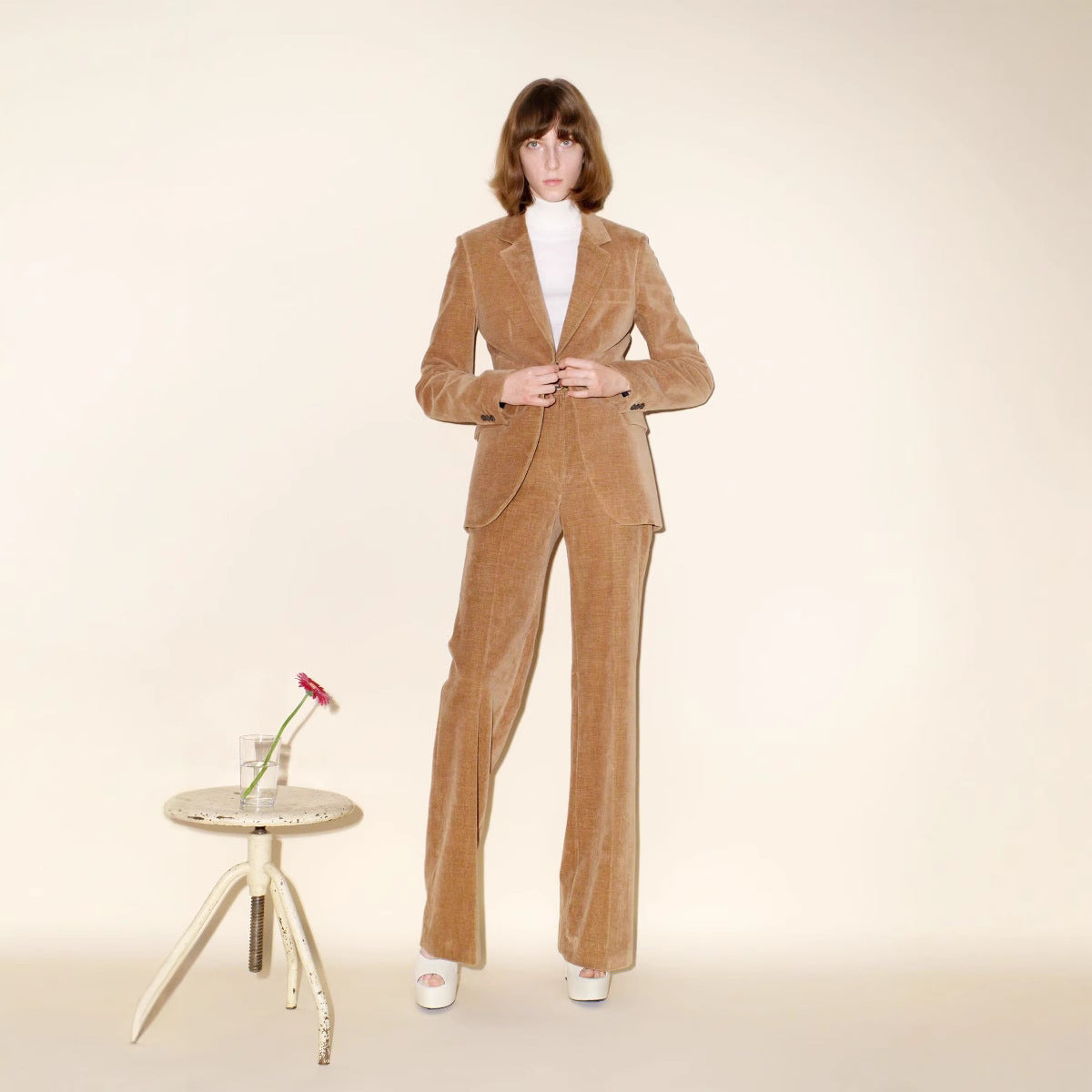 Womens Irregular Minimalist Camel Suit And Pants Set
