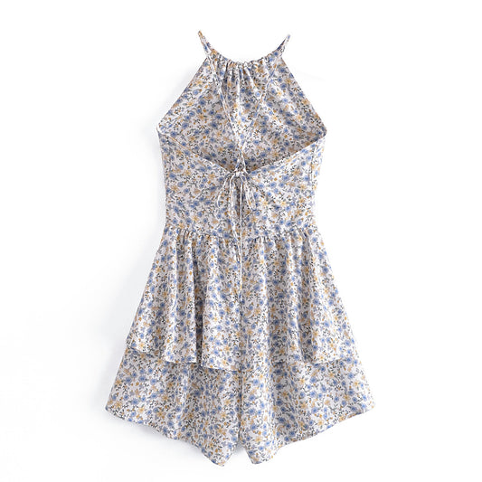 Backless Lace-up Printed One-piece Shorts