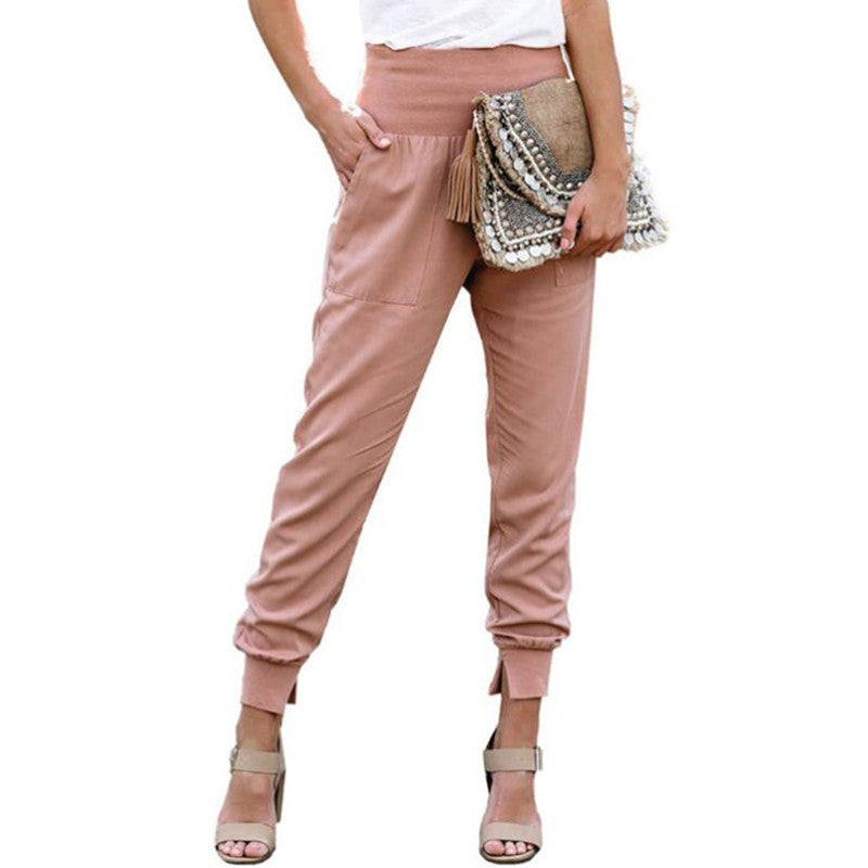 Solid Color Women's High Waist Cropped Trousers with Slits
