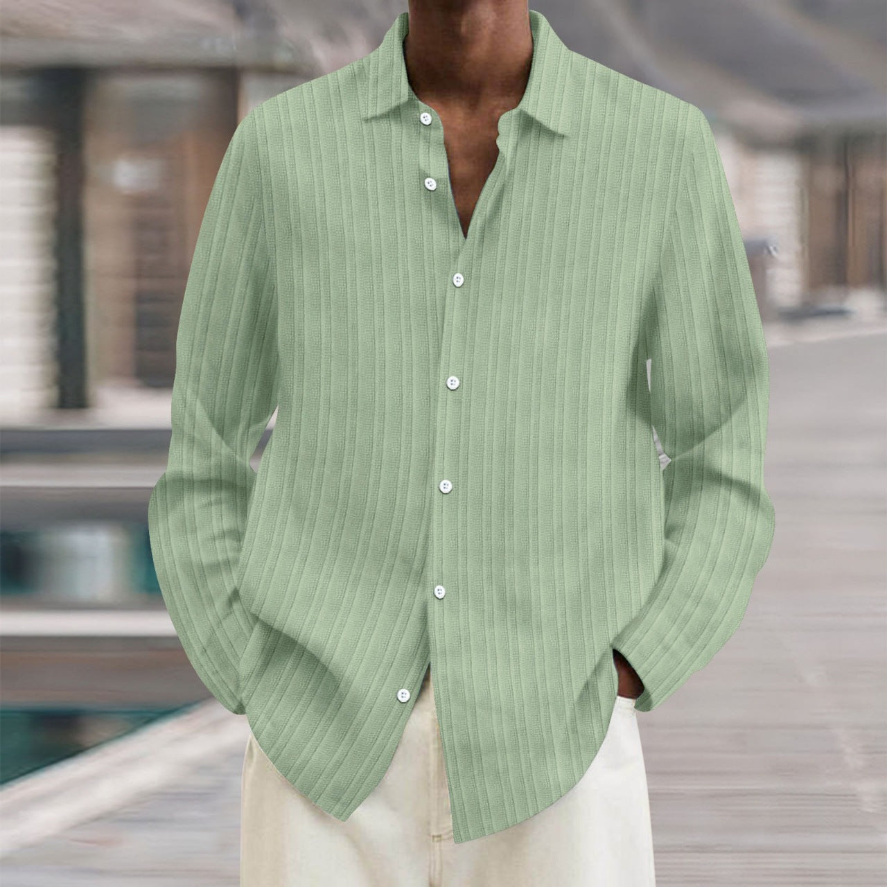 Business Pure Color All-matching Shirt Men's Striped Cardigan Long Sleeve