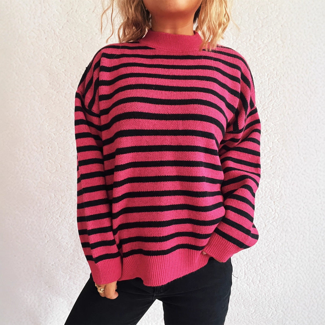New Contrast Color Striped Knitted Sweater For Women