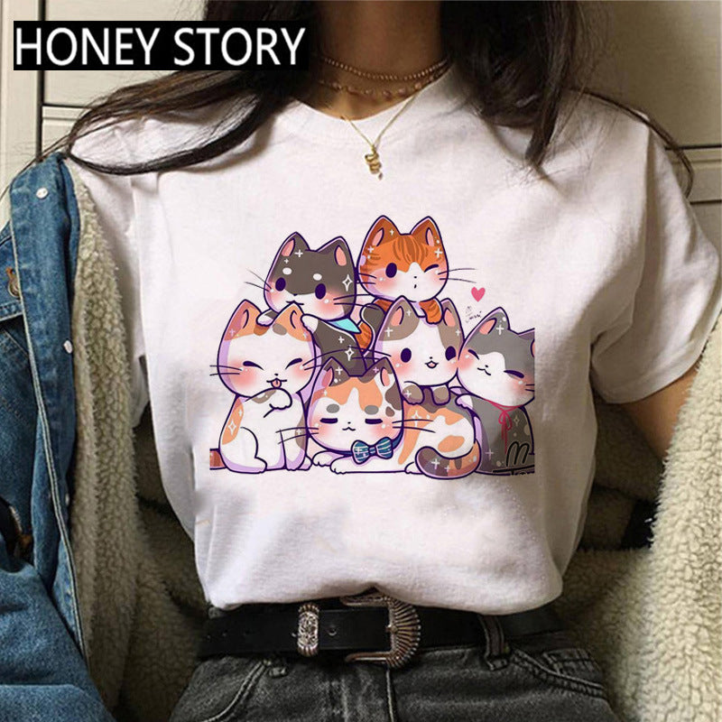 Kitten Print Round Neck Women's Loose Short Sleeve T-shirt