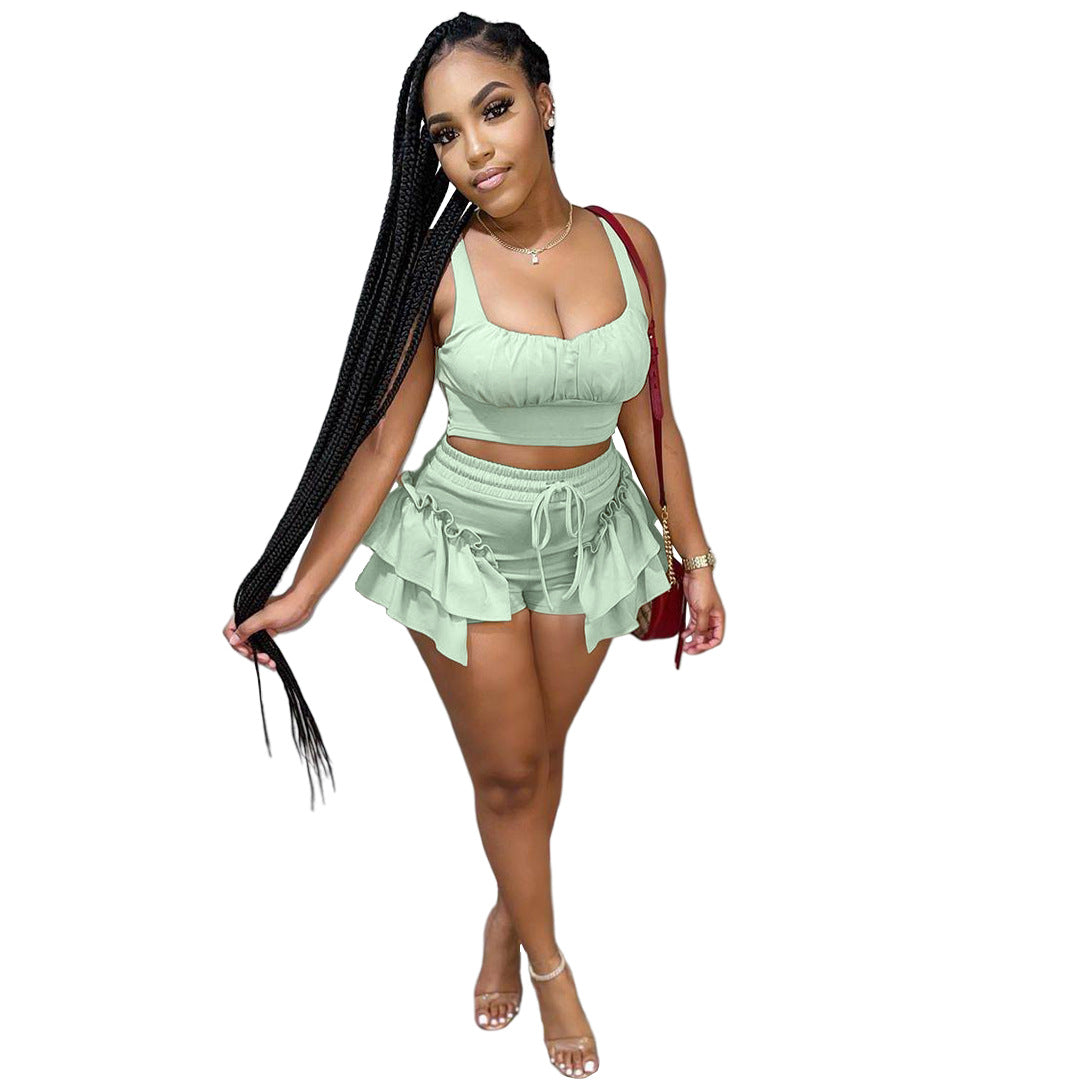 Nightclub Clothes Two-piece Suit Of Solid Color Vest And Shorts With Wooden Ears