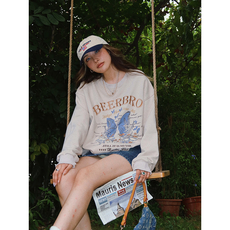 Retro American butterfly print embroidered pullover sweater girl