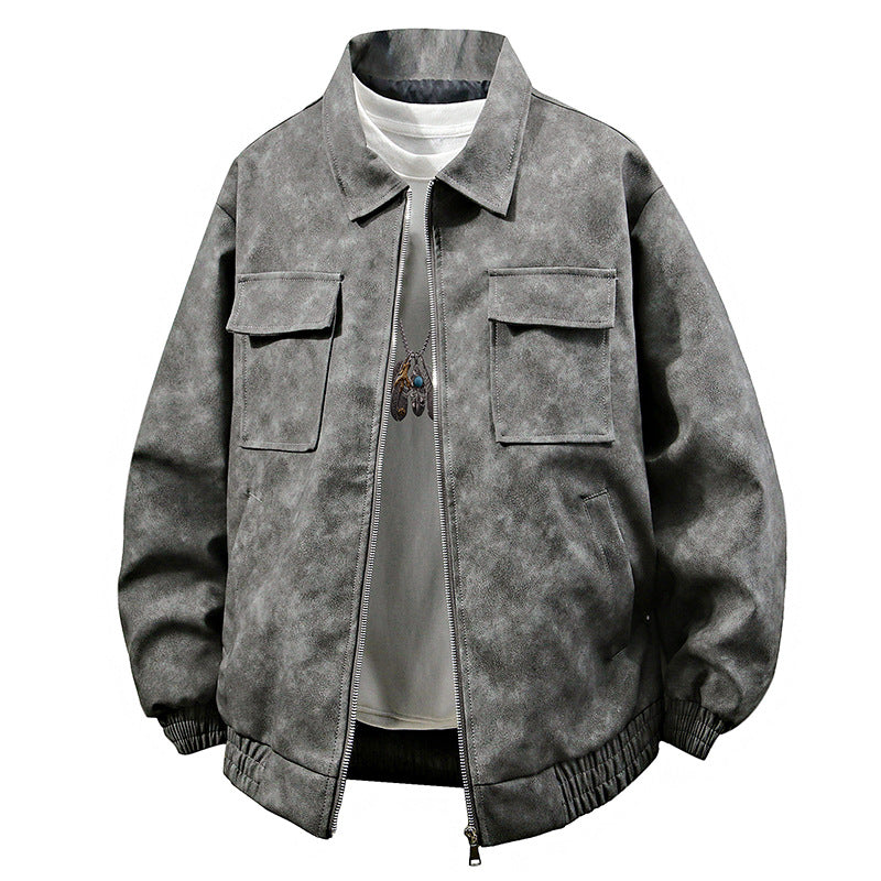 Stereo American Retro Hip Hop PU Leather Polo Collar Jacket