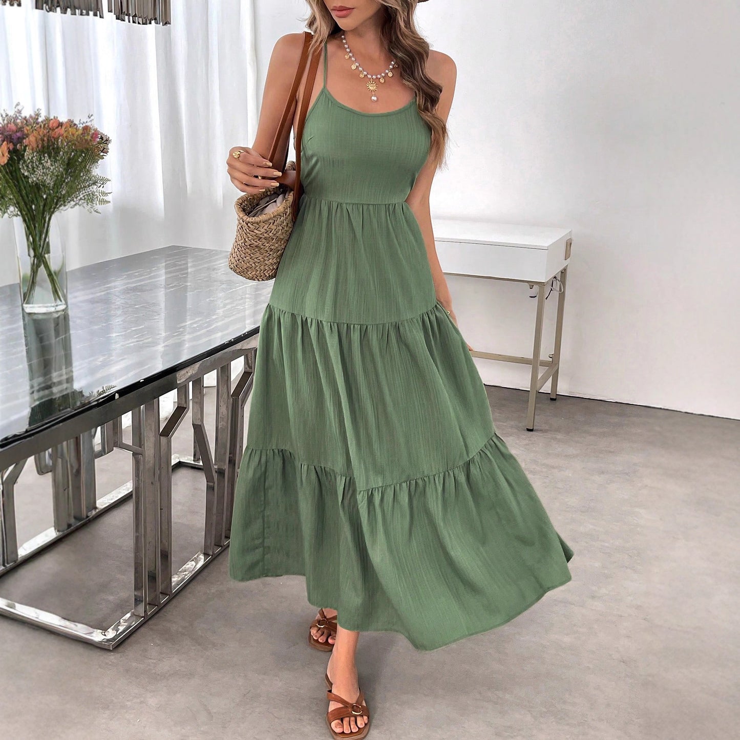 Backless Spaghetti-strap Tiered Maxi Dress With A Tie And A Large Bow At The Waist