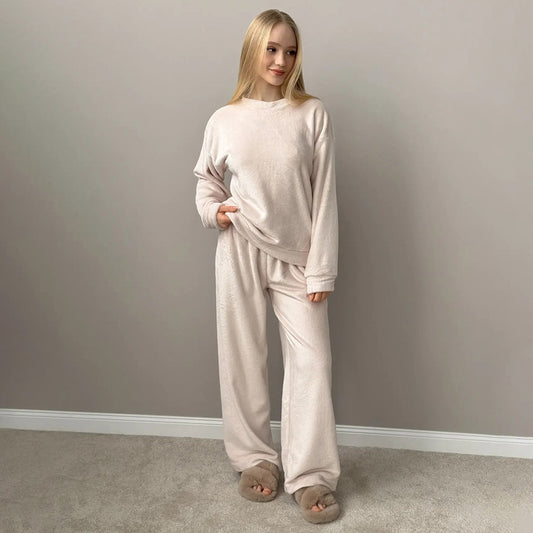 Womens Crew-neck Long-sleeve Top And Pants Pajama Set