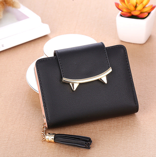 Cute Cat Ears Leather Short Tassel Women Wallet Small Day Clutch Trifold Female Purse ID Coin Card Holder Mini Bag