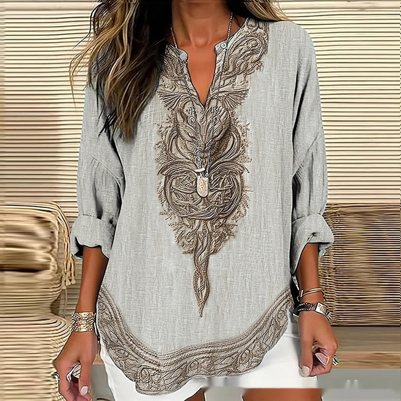 Loose-fitting Casual Womens Shirt With A V-neck And A Printed Design