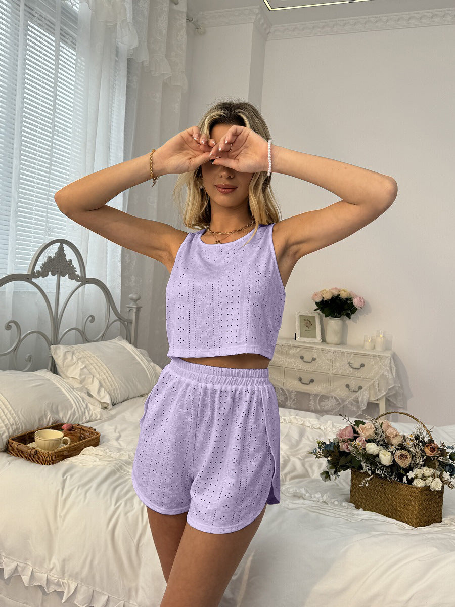 Casual Set Hollowed-Out Split Shorts And Tank Top Two-Piece Set