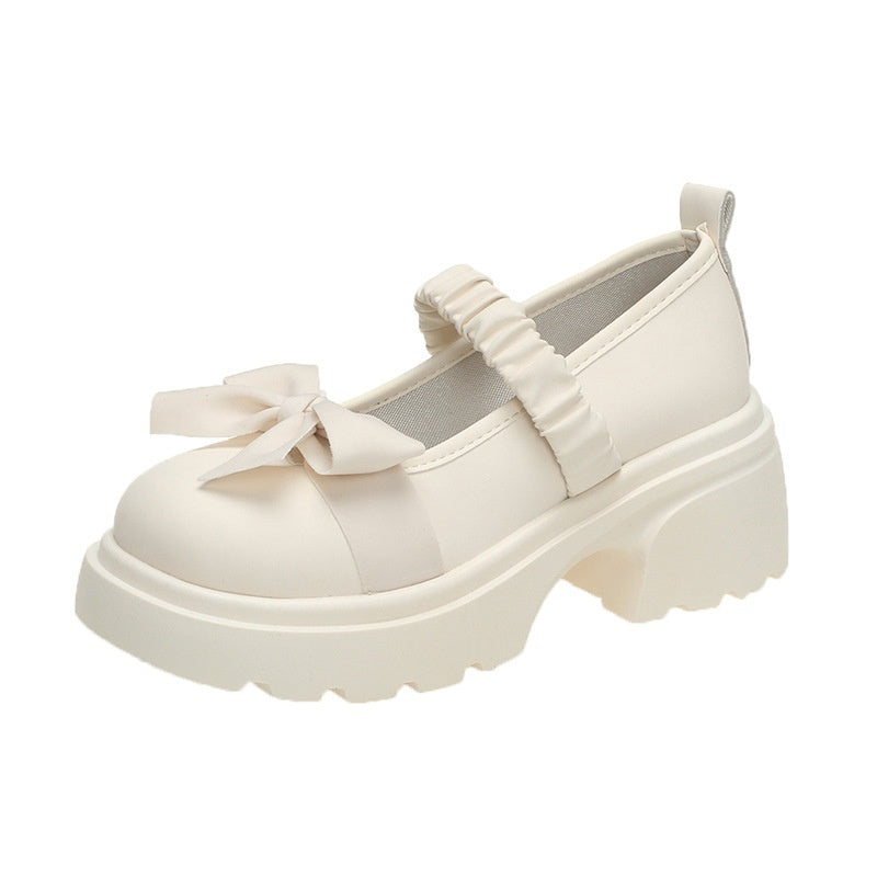 Small Leather Shoes Women's High Heel With Skirt Bow French Chunky Heel Pumps