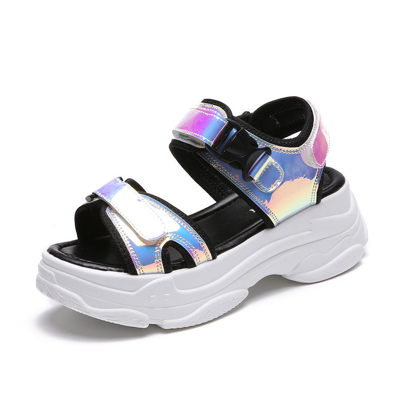New summer sponge cake and bright leather sandals