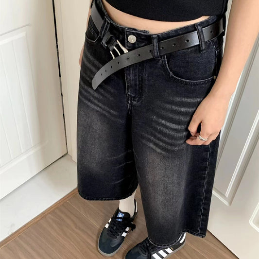 High Waist Wide Leg Cropped Denim Shorts Black Washed