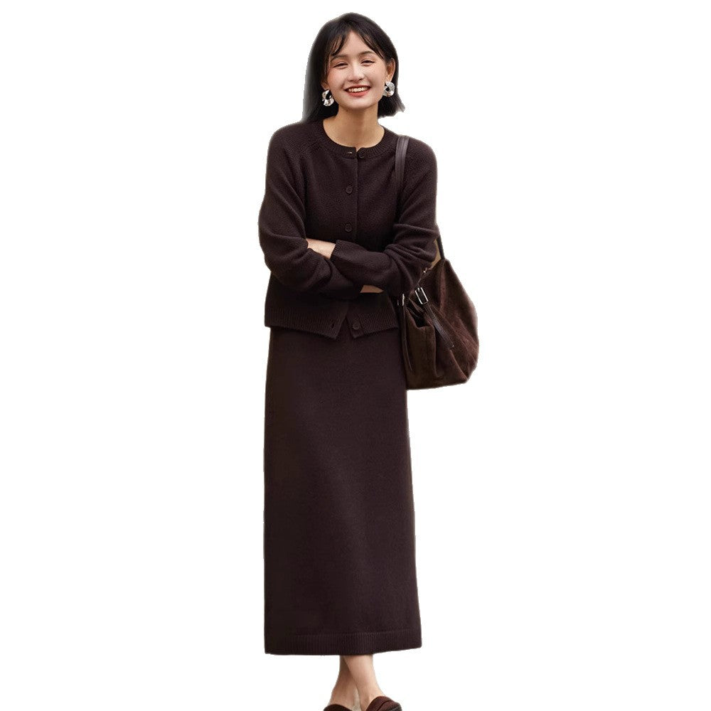 High-grade Temperament Crew Neck Wool Knit Cardigan Suit Skirt Women's Loose Two-piece Suit Sweater Cardigan Skirt