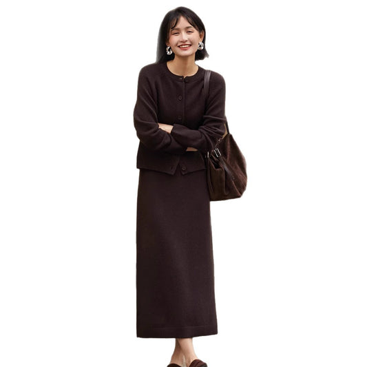 High-grade Temperament Crew Neck Wool Knit Cardigan Suit Skirt Women's Loose Two-piece Suit Sweater Cardigan Skirt