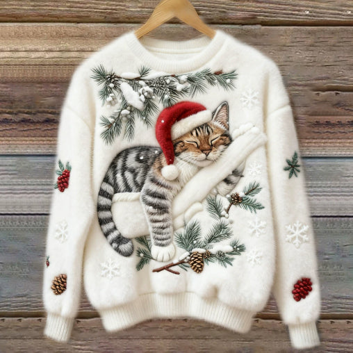 3D Digital Printed Flannel Christmas Women's Round Neck Sweatshirt