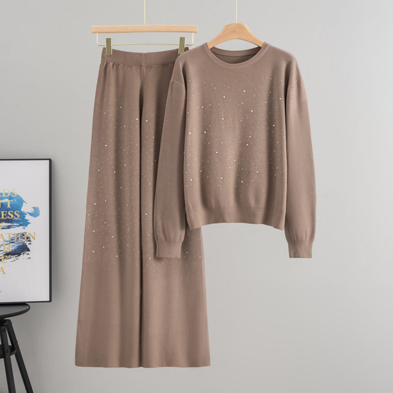 Starry Hot-Stone Round-Neck Pullover Knit Set