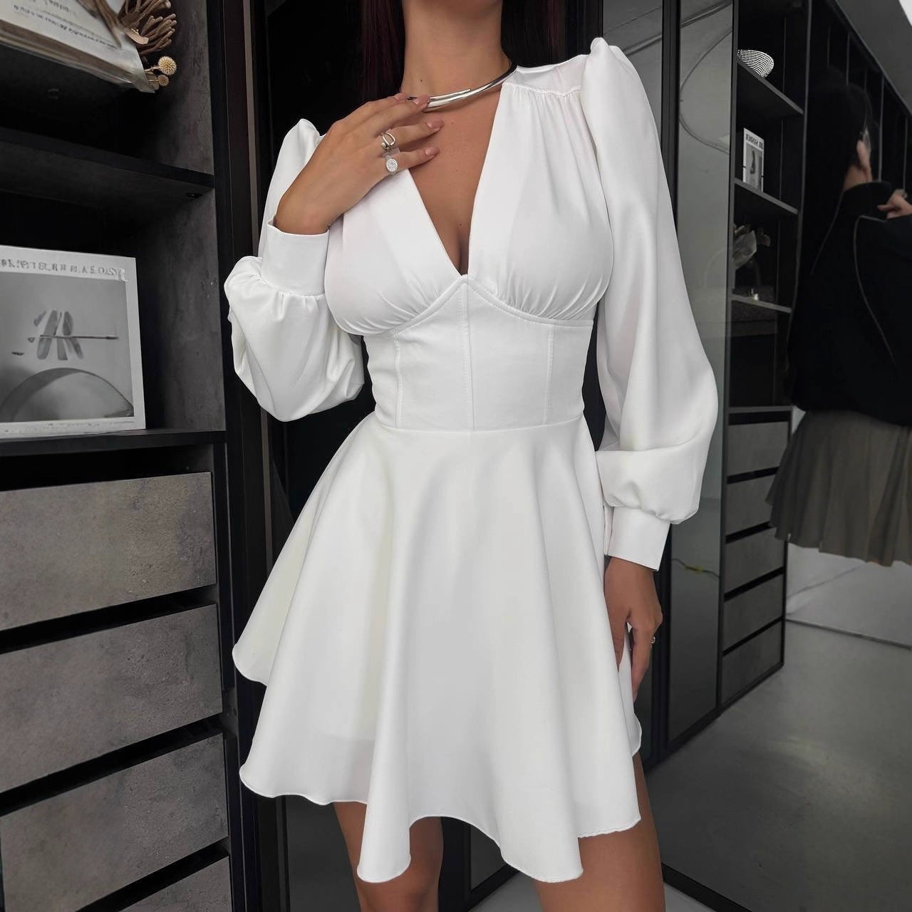 V-neck Puff-sleeve High-waisted A-line Elegant Dress