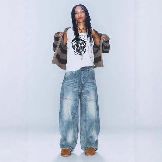 Womens Retro Washed Distressed Scimitar Jeans