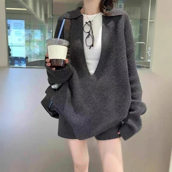 Dame V-hals Sweater Sæt Løs Sweater Shorts