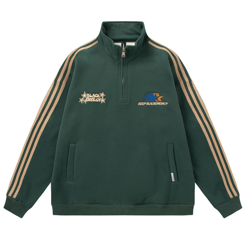 Men's American-style Retro Street Striped With Fleece Lining Half Zipper Jacket