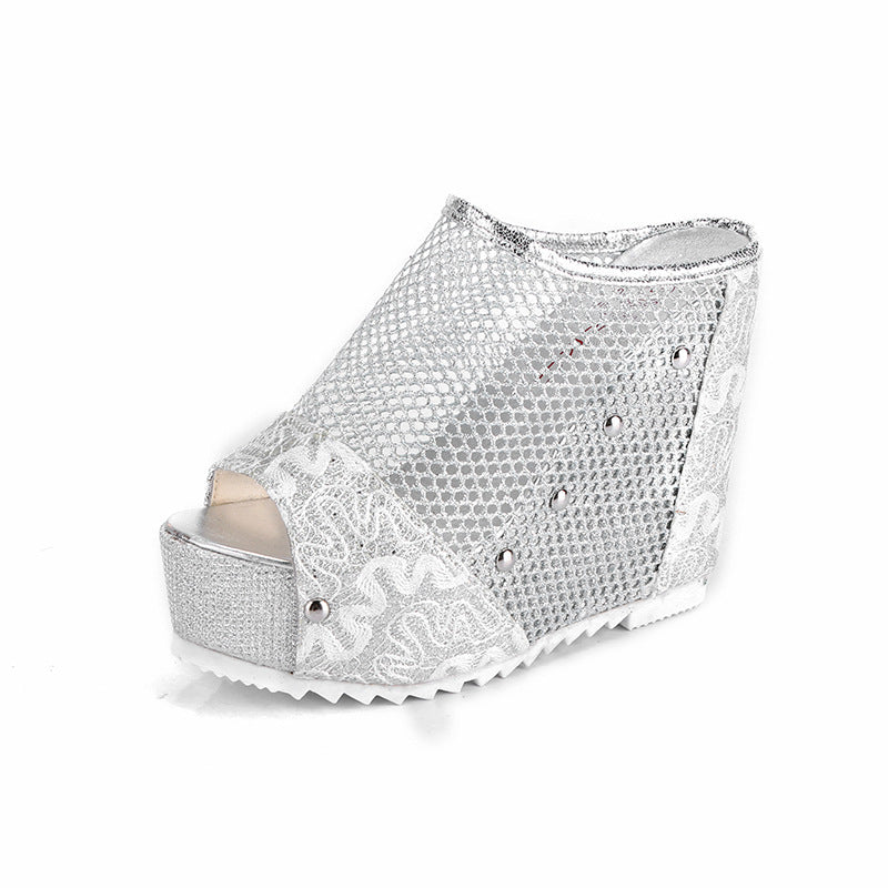 Hollowed-out Heel Korean Cross-border Chunky Heel Waterproof Platform Lace Spring And Summer Style