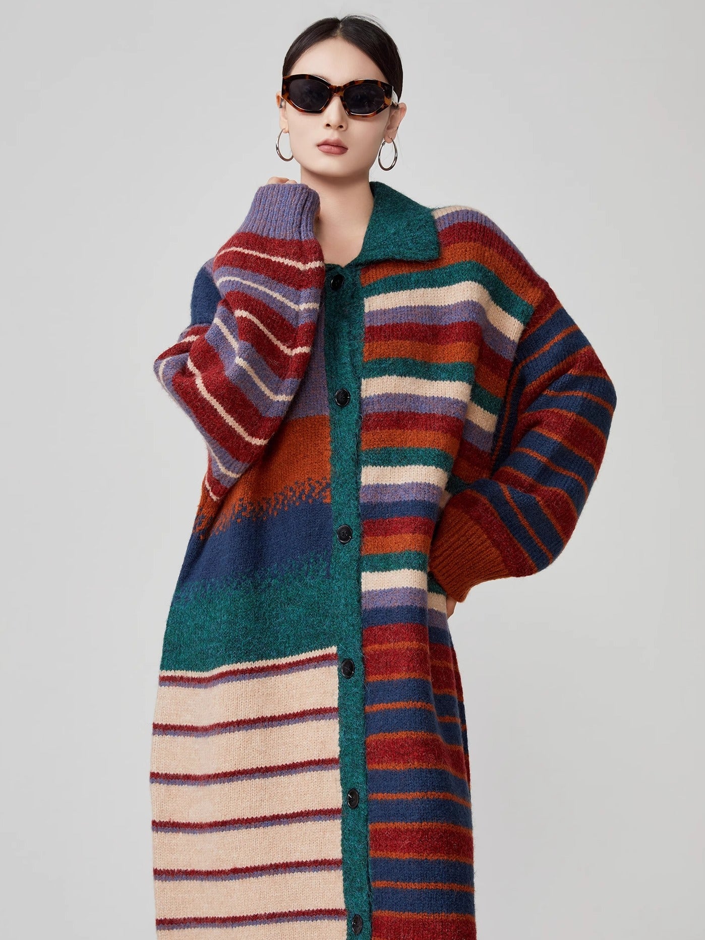 American Retro Color Stripes Long Sweater Coat Women