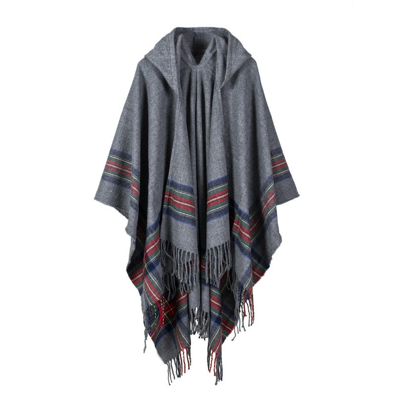 Keep warm by adding a stylish hooded cape