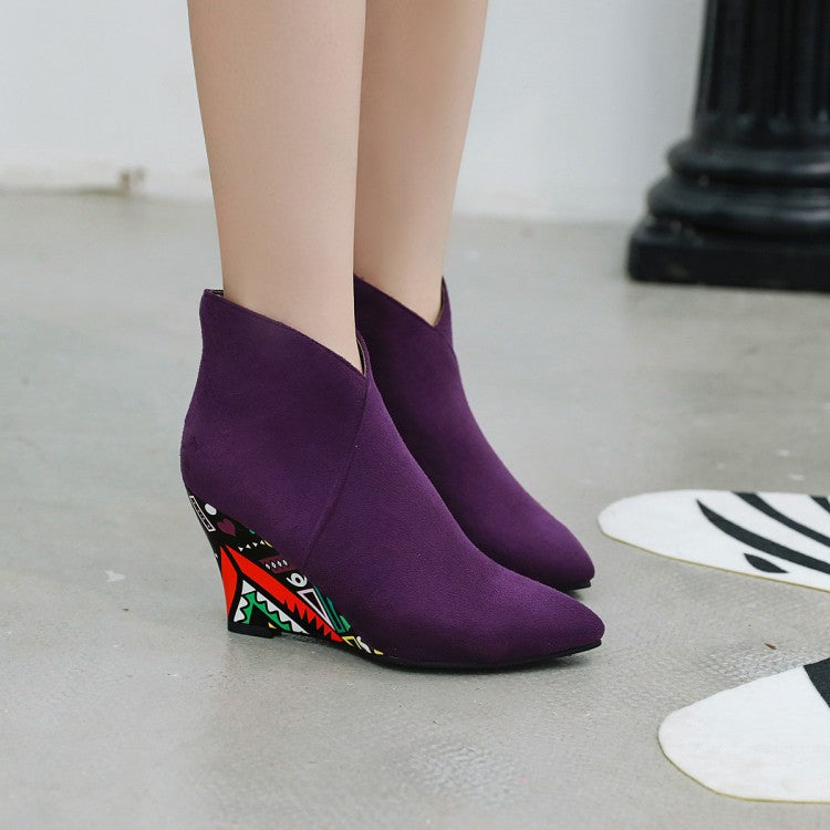 Winter Pointed Toe Wedge Heel Side Zip Floral Ankle Boots