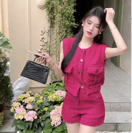 Rose Red Thin Sleeveless Waistcoat With Short Vest
