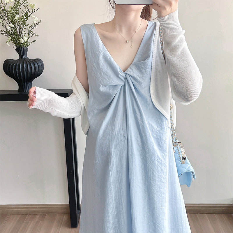 Stylish V-neck Twisted-knot Comfy Two-piece Dress Set