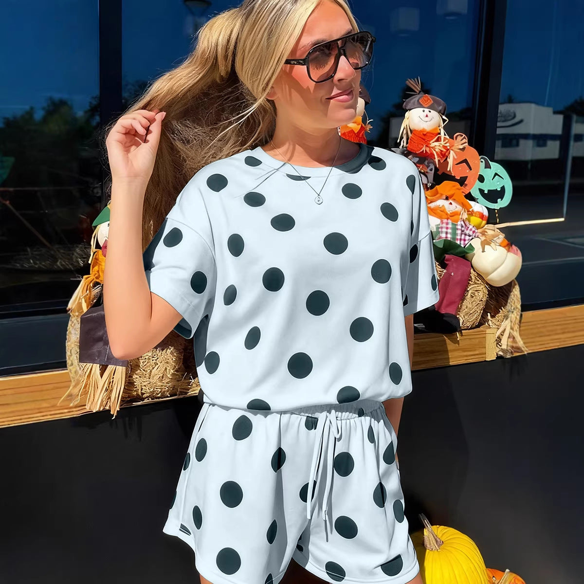Loose-fitting Short-Sleeve Two-Piece Set For Women Polka-Dot Printed Casual