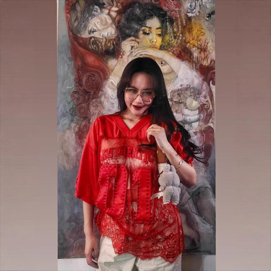 Printed Loose Casual See-through Lace Stitching T-shirt Short Sleeve Top