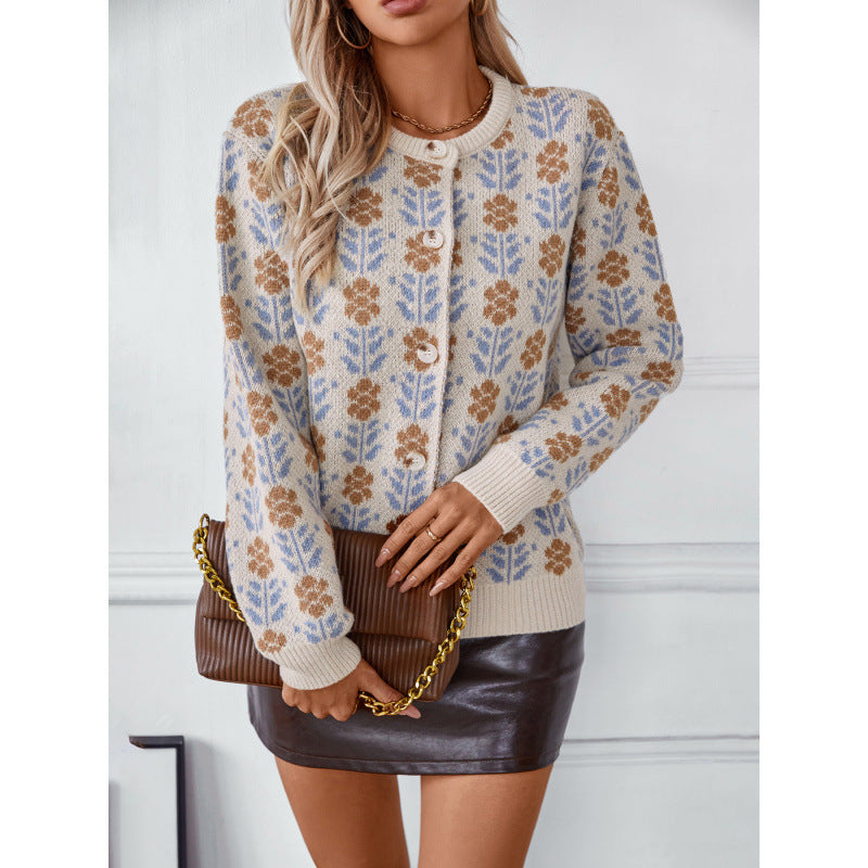 Lady's Flower Jacquard Sweater Cardigan Coat