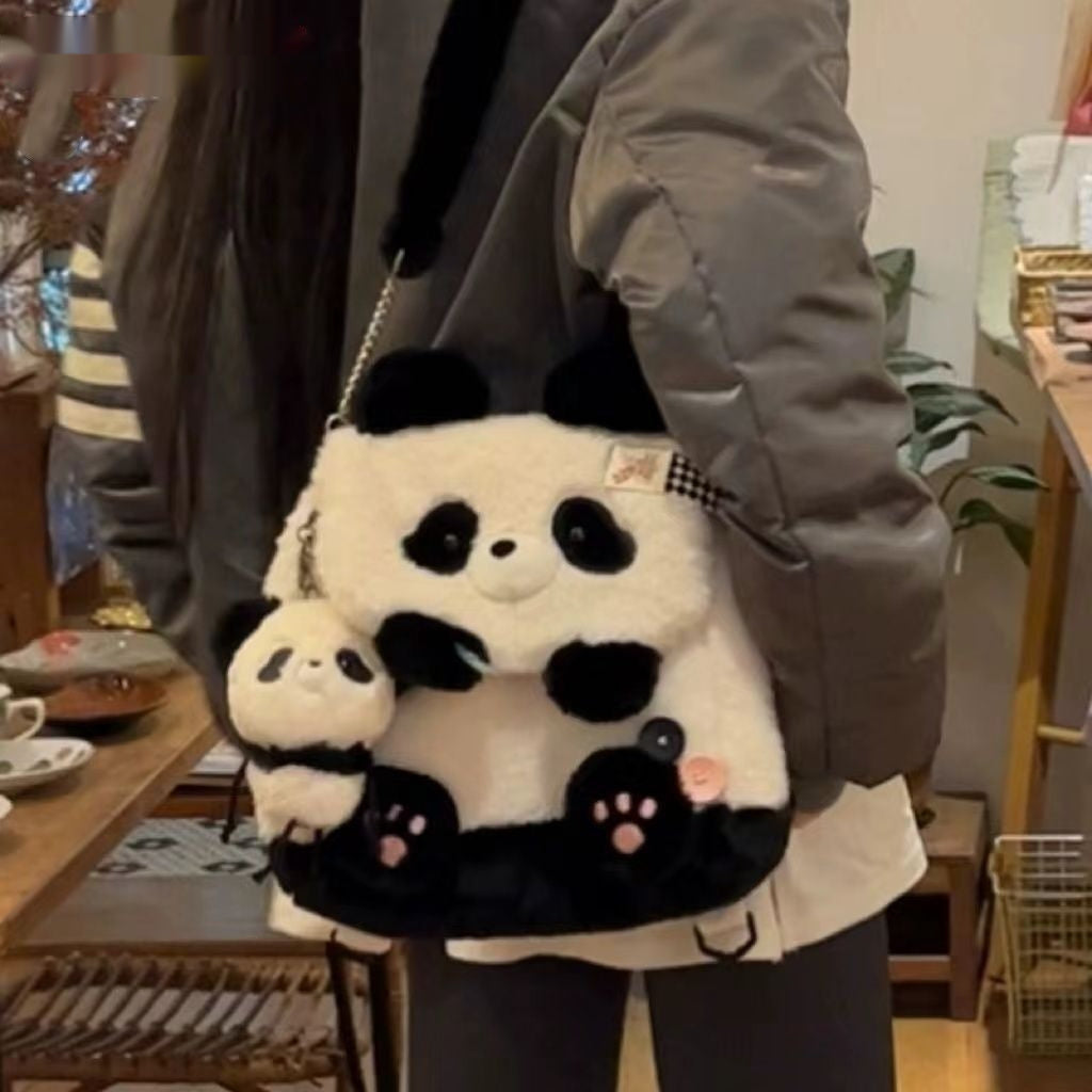 Panda Holding Bamboo Flap Bag Cute Plush Doll Single Shoulder