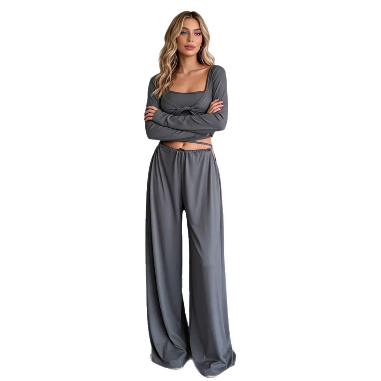 Draped Comfortable Pajama Pants And Long Camisole Three-piece Set