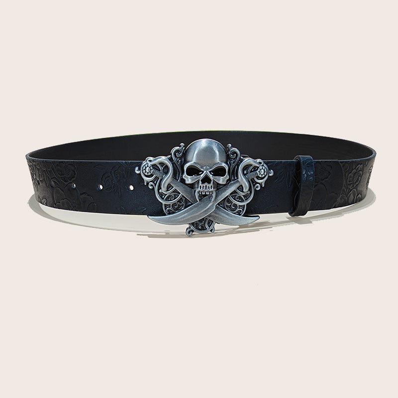 Personalized Skull And Rose Embossed PU Leather Belt