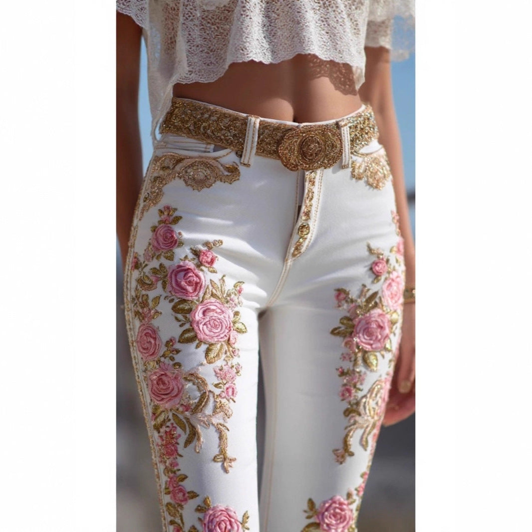 Womens Colorful Floral Faux Denim Pants