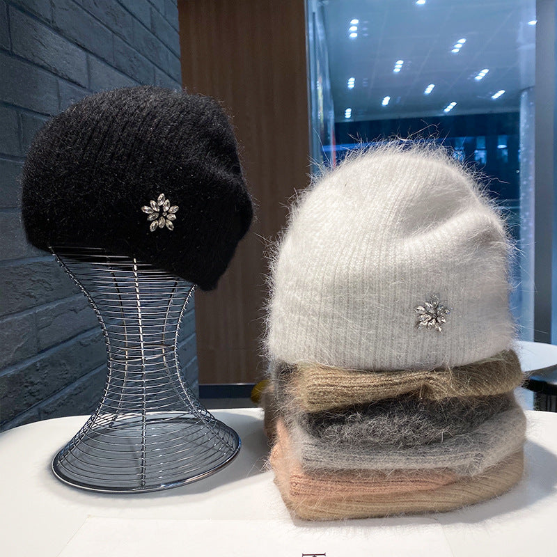 Women's Rabbit Hair Knitted Hat Thickened Warm Rhinestone Flowers