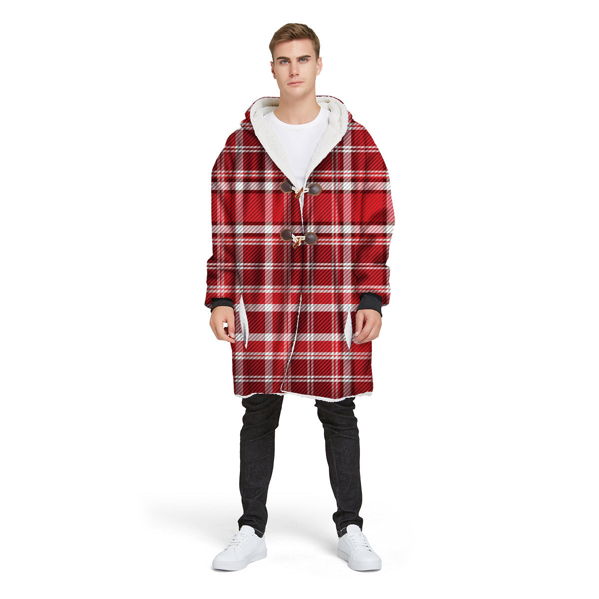 Fashion Plaid Men's Digital Printed Long Hooded Jacket