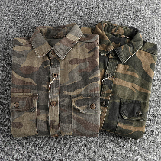 Washed Out Vintage Cotton Workwear Long-sleeved Shirt Coat