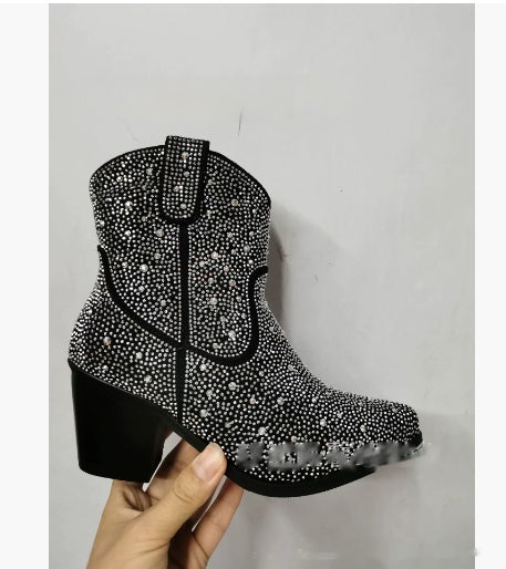 Pointed High Heel Chunky Heel Sequins Hot Rhinestone Fashion Plus Size Ankle Boots