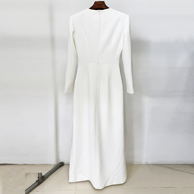 Elegant Embroidered Bead- And Sequin-decorated Floral Long-sleeve Split Maxi Dress